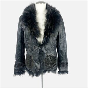 🖤 Vintage Danier Women’s Genuine Leather Jacket with Raccoon Fur Trim (Size L)